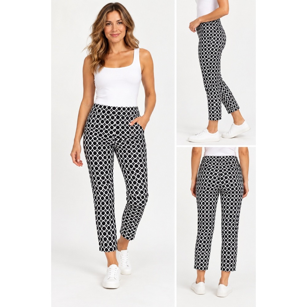 Joseph Ribkoff Women 8 Pull On Ankle Pants Black White Geometric Zip Hem Career